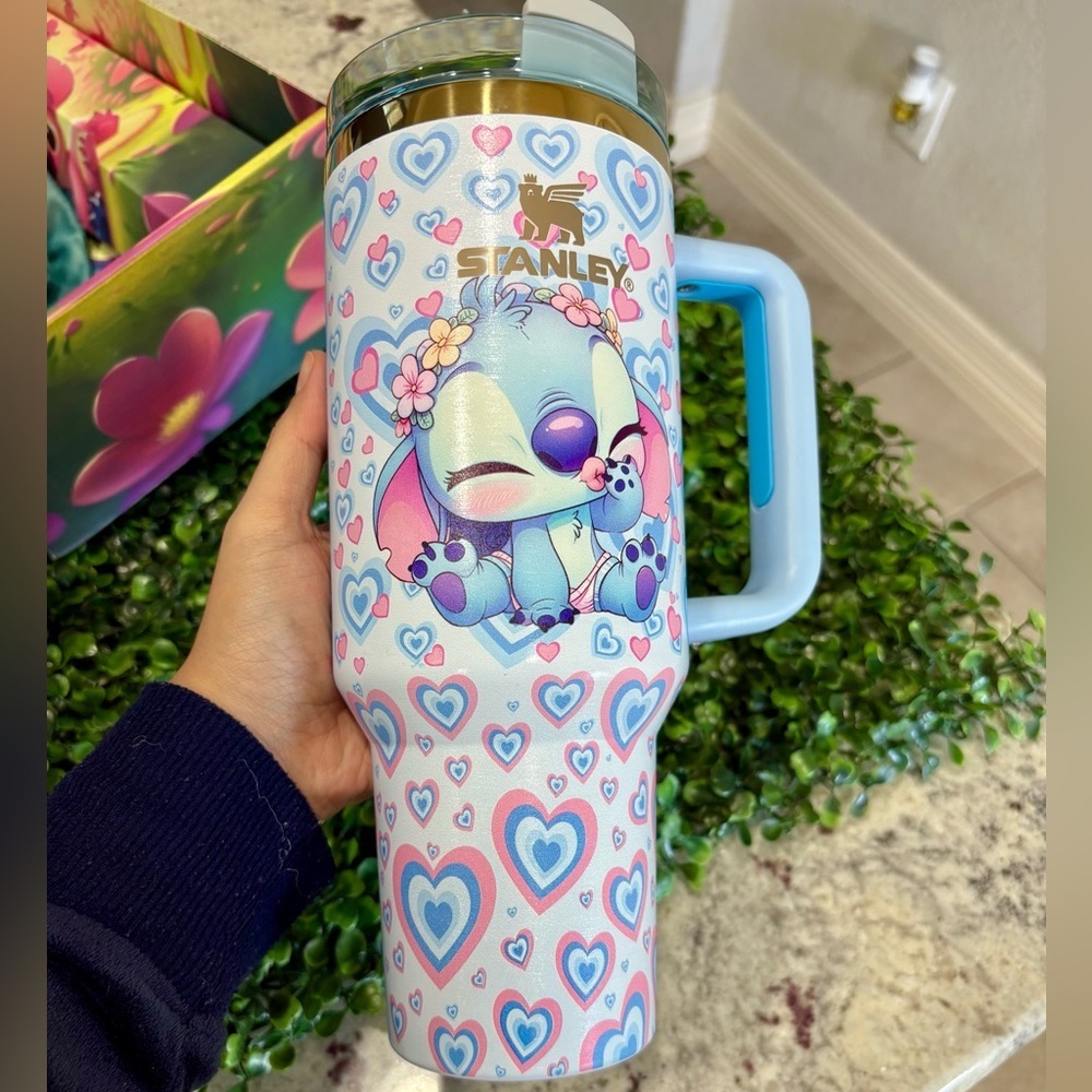Customized Stanley Light Blue Tumbler with Stitch and Heart Design - Picture 3 of 5